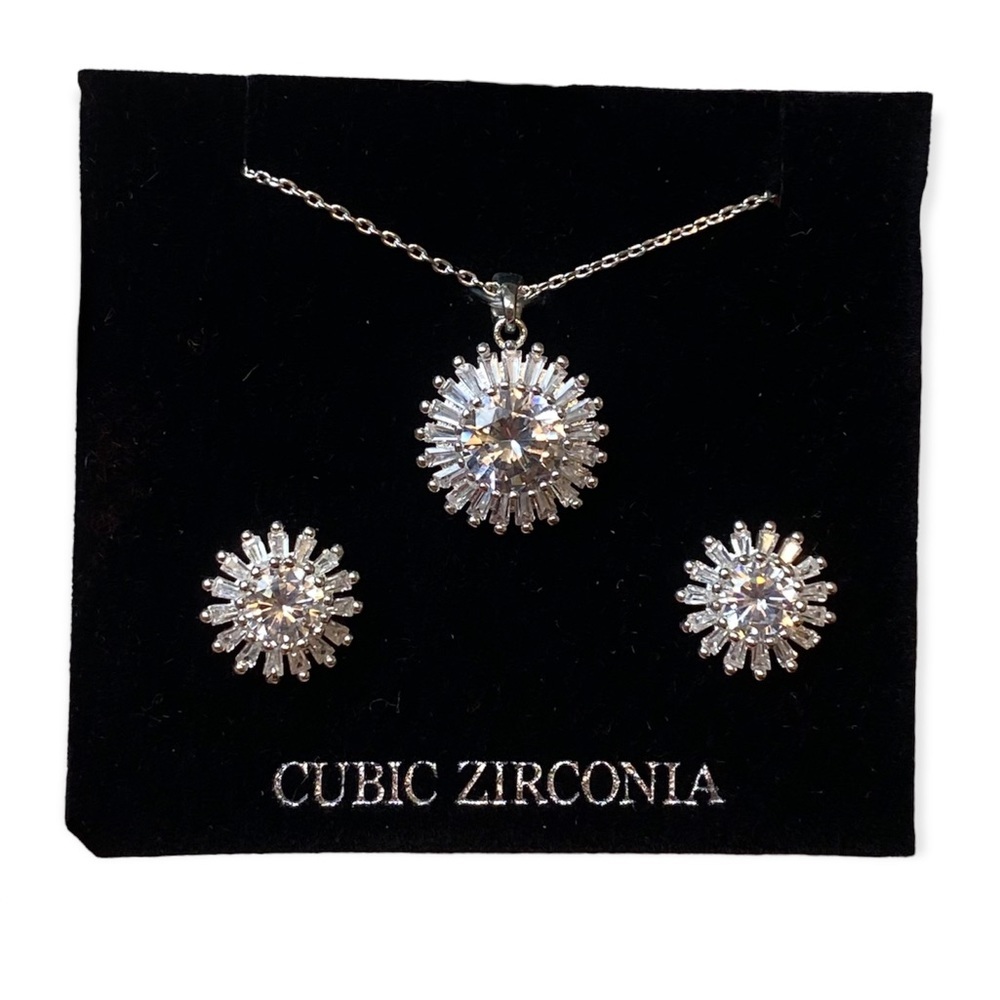 Silver plated CZ starburst necklace & earring set